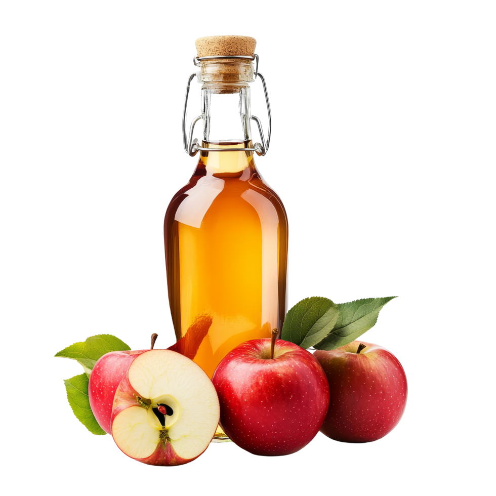 Fresh red apples and a bottle of apple cider vinegar on a transparent background, Bottle of apple cider vinegar with fresh red apples png