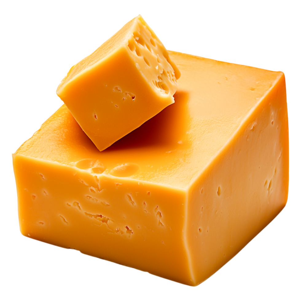 Fresh Cut Block and Cube of Creamy Yellow Cheddar Cheese png