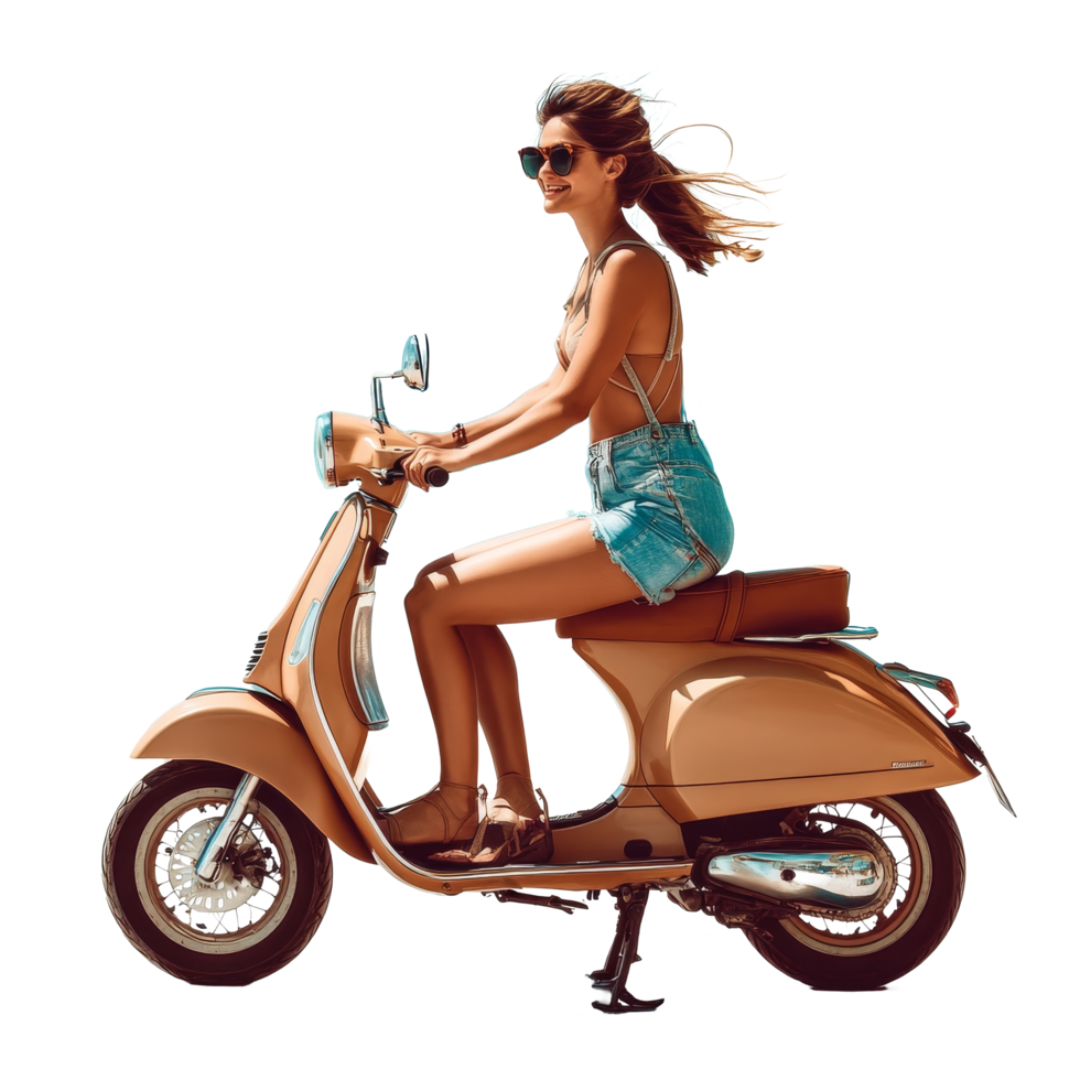 Woman riding a scooter to the beach on a sunny day with clear blue skies and ocean waves, file no background Woman going to the beach and riding a scooter png