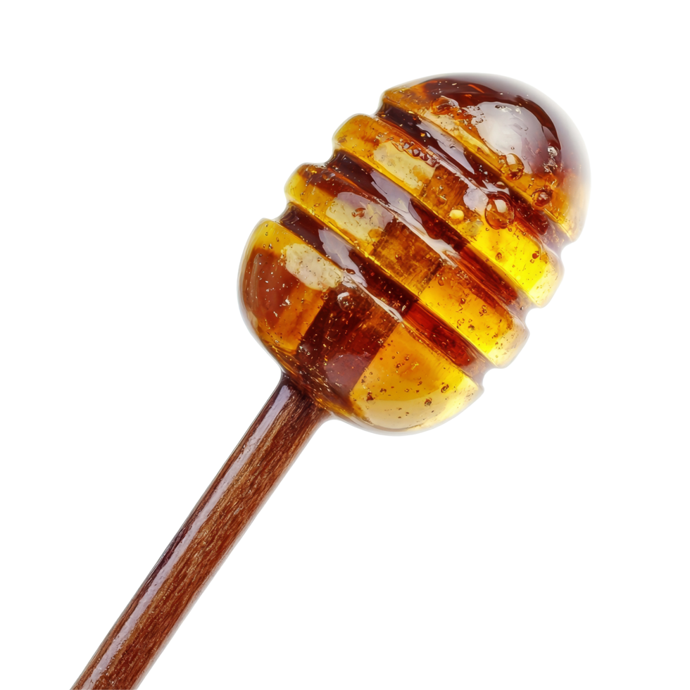 A honey dipper resting on a transparent background, showcasing its glossy surface and wooden handle for stirring honey, Honey dipper on transparent background png