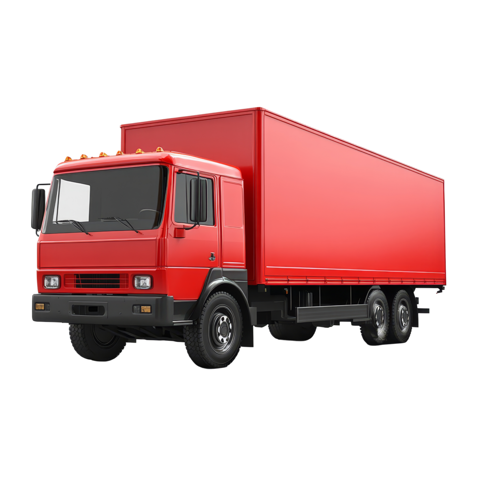 A striking red cargo truck stands alone on a clean transparent background, highlighting its sturdy design and utility, red cargo truck isolated on transparent background png