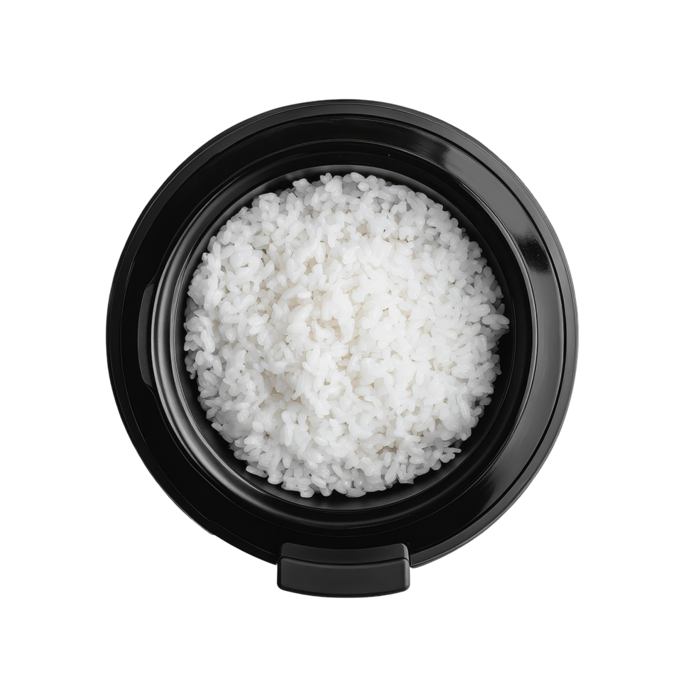 A rice cooker filled with fluffy transparent rice in a sleek black bowl on a clean transparent background, Rice cooker in a black bowl on transparent background png