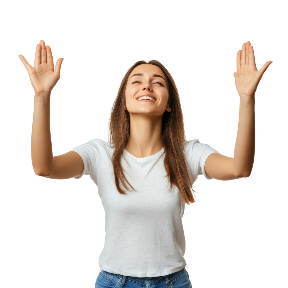 Woman joyfully raises her hands in celebration against a neutral background during a moment of praise, woman reverently raises her hands up rejoicing, file of isolated object on transparent background png