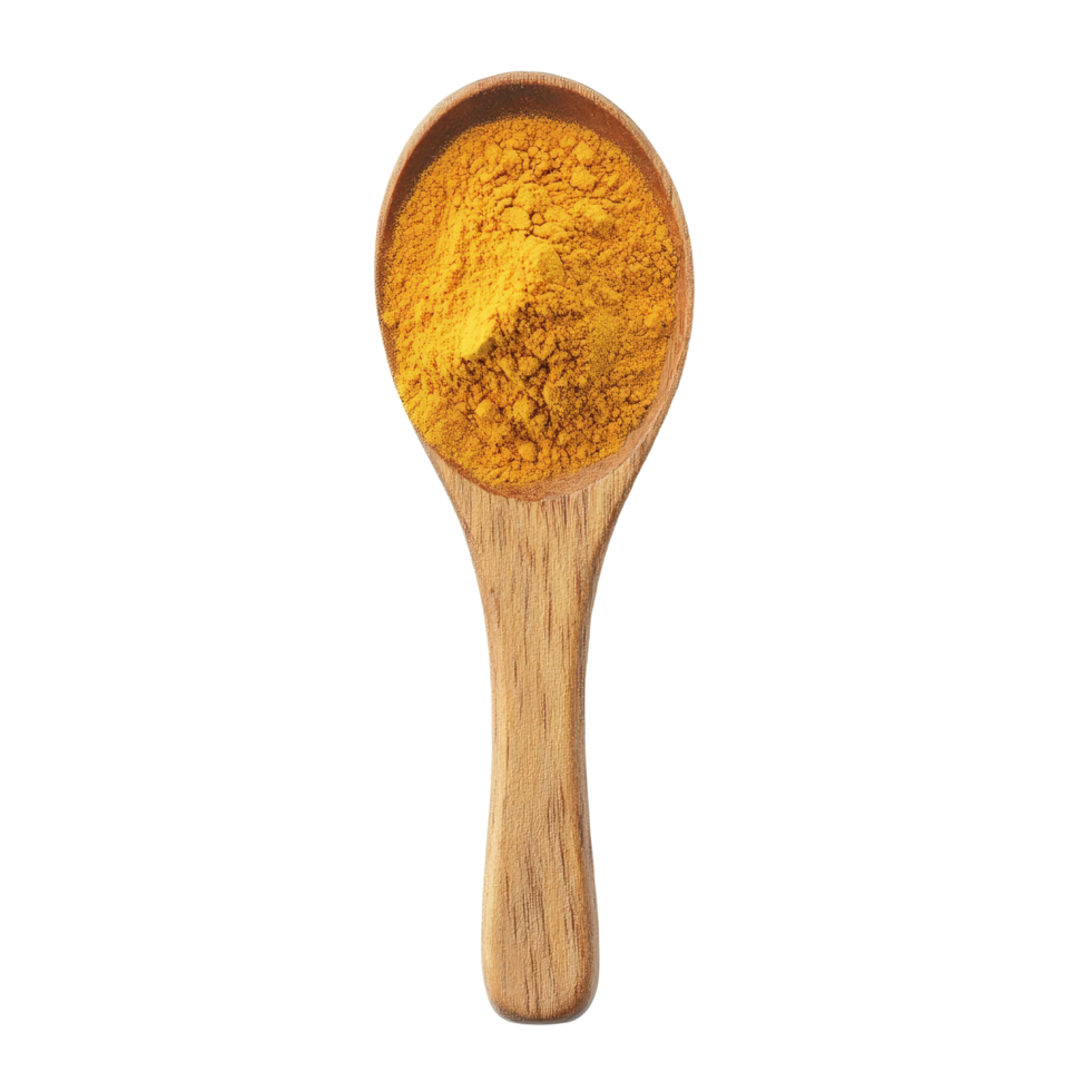 Turmeric powder in a wooden spoon isolated on a transparent background for culinary and health uses, Turmeric powder in wood spoon isolated on transparent background png