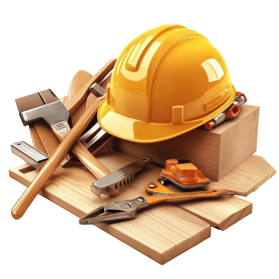 A collection of carpentry tools and a safety helmet arranged on wooden planks in a workshop setting, Carpentry tools with safety helmet Stock Illustration png