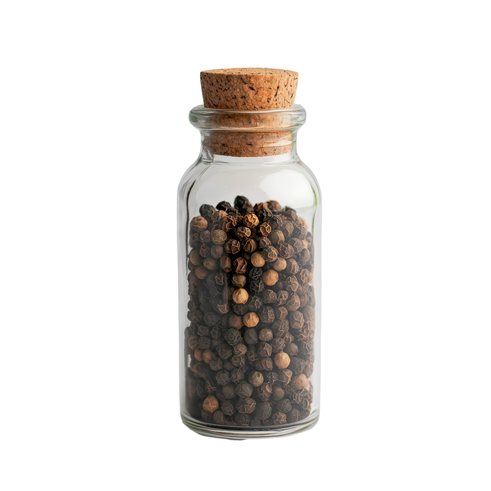 A clear glass bottle filled with peppercorns resting on a transparent background, showcasing spices for culinary enthusiasts, Pepper in a bottle on transparent background png