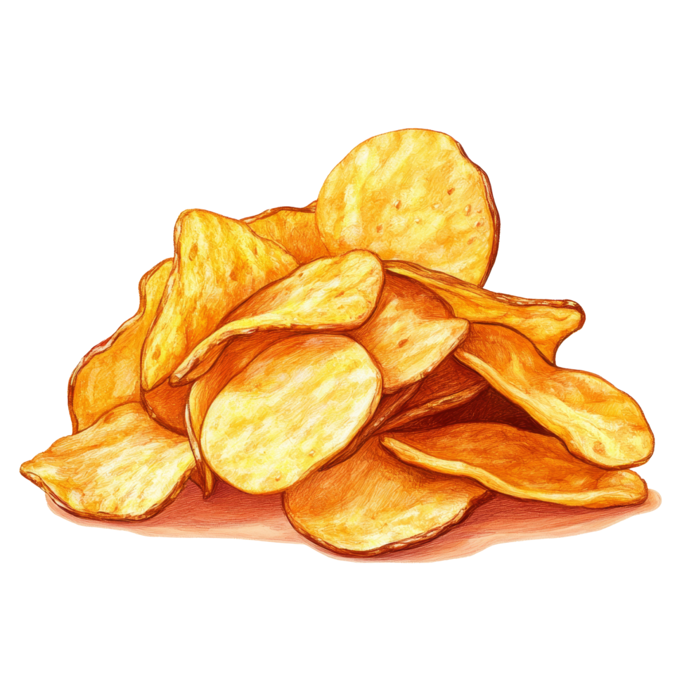 Crispy potato chips piled in a casual setting, inviting snack time enjoyment, Portion of crispy potato chips png