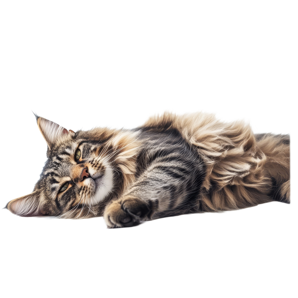 Relaxed Maine cat lounging contentedly on a soft surface in a serene indoor environment during the day, Relaxed Maine Cat Laying on the Ground, Furry Pet Isolated on transparent background png