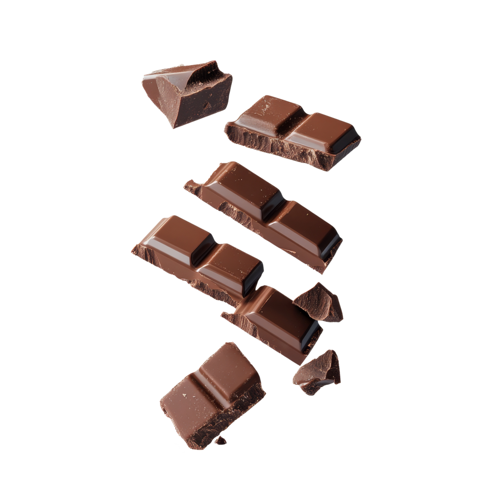 Levitating chunks of chocolate suspended in the air against a clean transparent background, Levitating chocolate bar chunks transparent background png