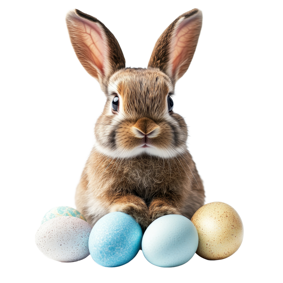 A cute bunny sits with colorful Easter eggs on a light background celebrating springtime festivities, funny bunny easter with eggs on transparent background png