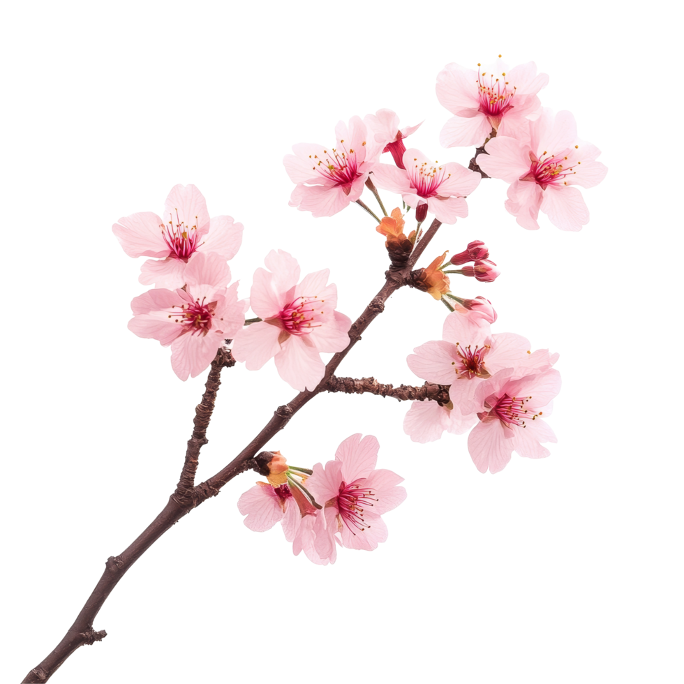 Graceful sakura tree branch adorned with soft pink flowers against a clean transparent background, sakura tree branch flower isolated on transparent background png