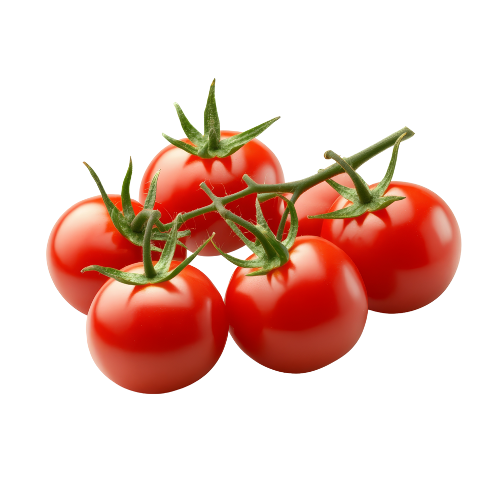 Fresh red cherry tomatoes on vine arranged together against a clean transparent background in natural light, red cherry tomatoes isolated on transparent background png