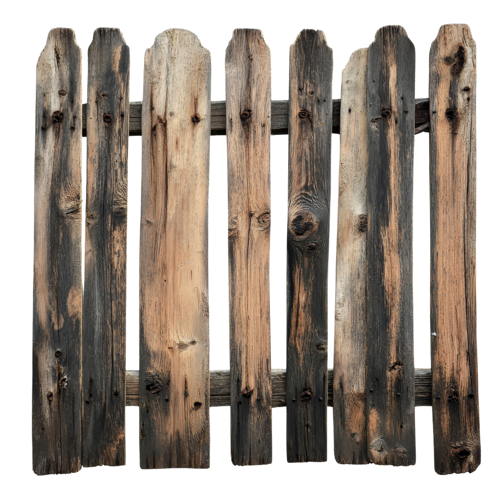 Rustic wooden fence panel isolated on a transparent background, showcasing weathered wood with a natural texture, Rustic Wooden Fence Isolated on transparent background png