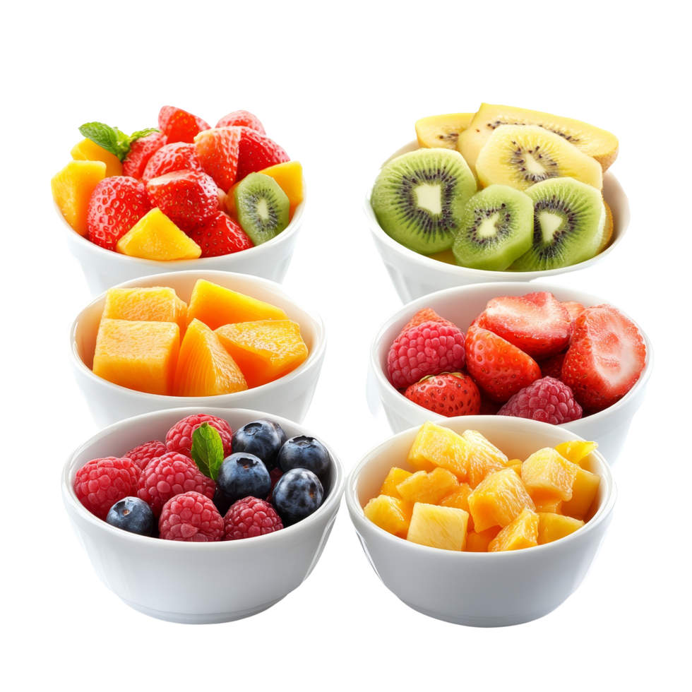 Fresh assorted fruit salad bowls featuring strawberries, kiwi, and blueberries on a transparent background, Assorted Fresh Fruit Salad Bowls on transparent background png