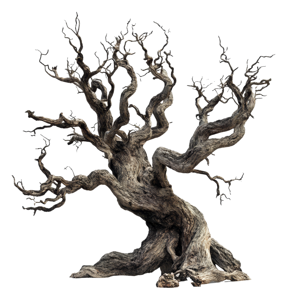 A twisted old tree stands alone against a stark transparent background, creating a haunting atmosphere, old dead spooky tree isolated on transparent background png