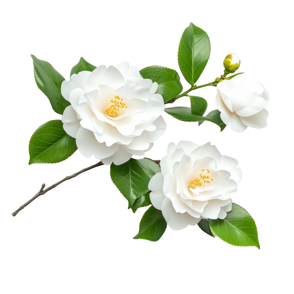 Beautiful camellia flowers with lush green leaves isolated on a transparent background showcasing natural elegance, camellia flowers isolated on transparent background png
