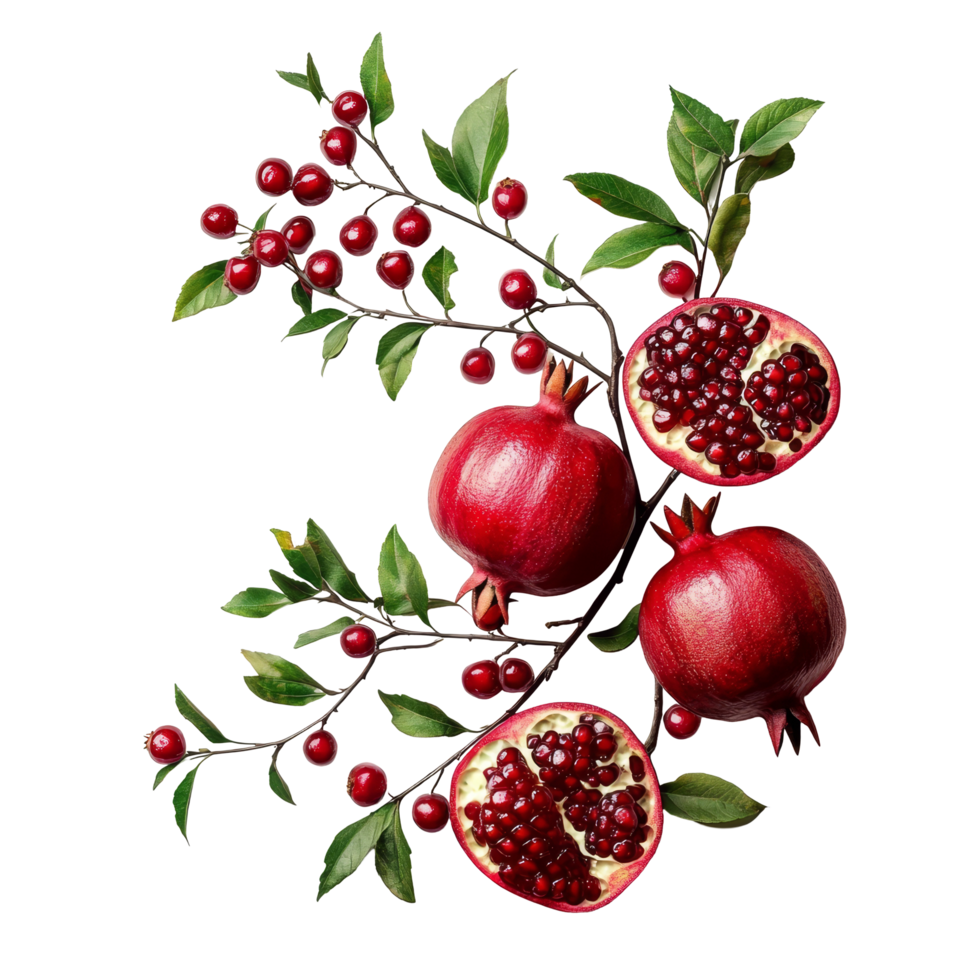 Fresh pomegranate branch with red fruit and green leaves on a bright transparent background, Branch of delicious Pomegranate on whtie background cutouts png
