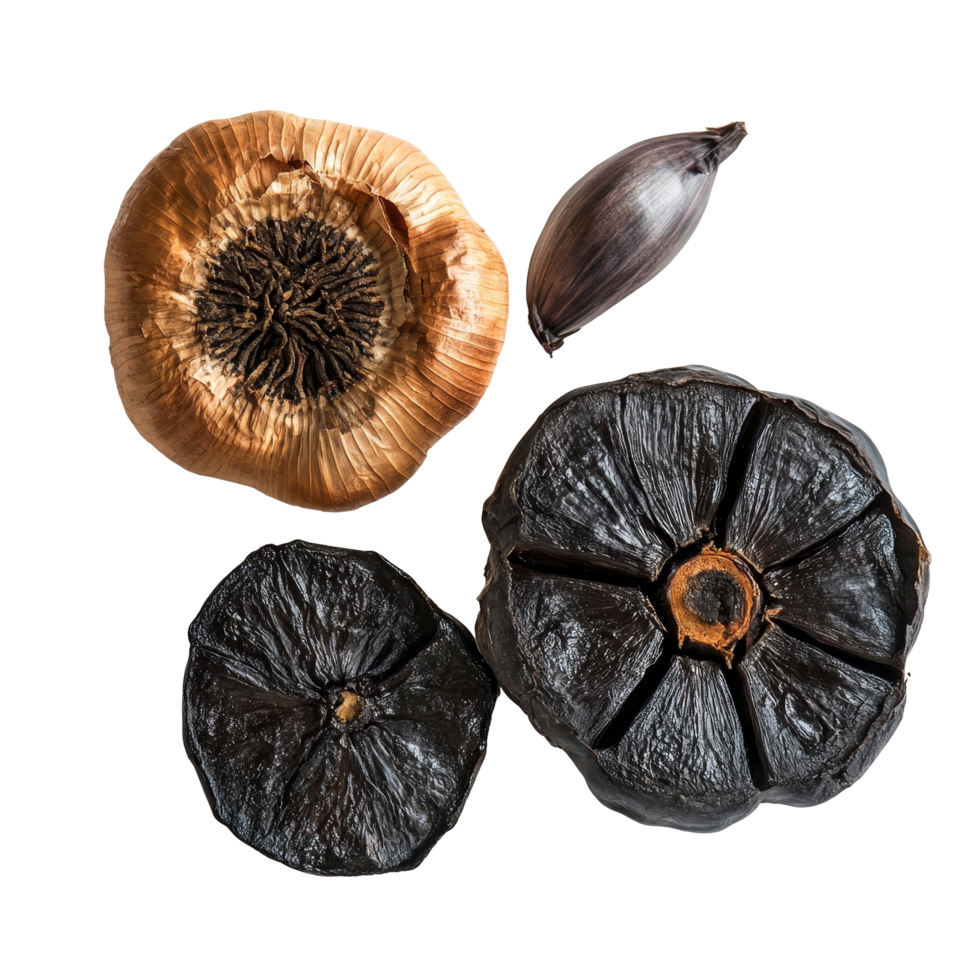 Black garlic showcased on a transparent background with transparent accents for culinary presentation, Black garlic on transparent background png