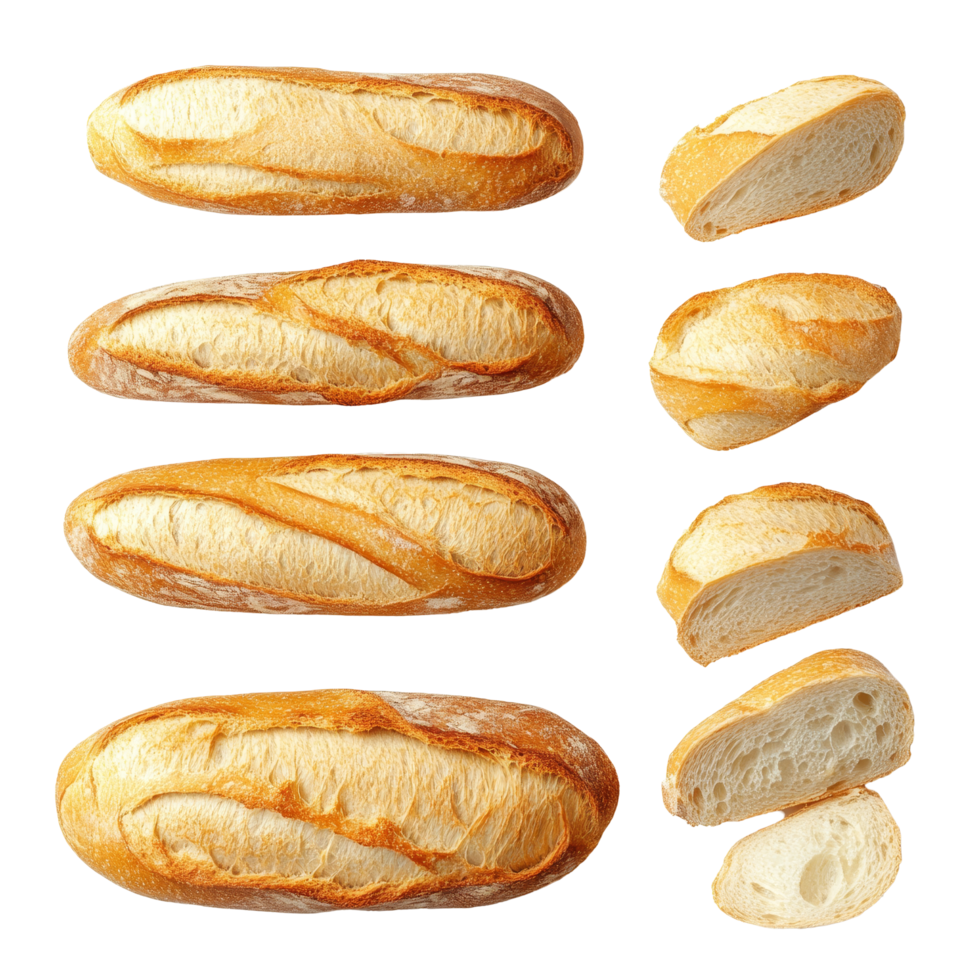 Different angle of sliced baguette lays on a clean surface for cooking or baking preparation, Different angle of sliced baguette isolated png