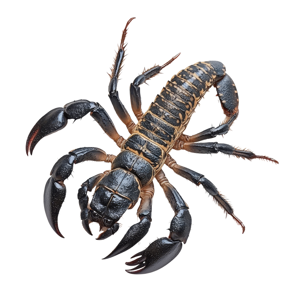 Isolated black scorpion showcasing intricate anatomy against a transparent background, Scorpion isolated on transparent background png