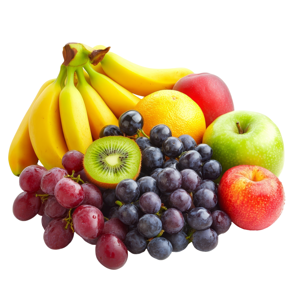 A colorful array of fresh bananas, apples, grapes, and kiwis artfully arranged on a transparent background, Various type of fruits isolated png