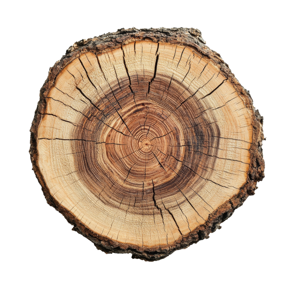 Crosscut tree log showcasing intricate striped texture and natural patterns on a bright transparent background, Crosscut of a tree log with striped texture on transparent backgroundfile png