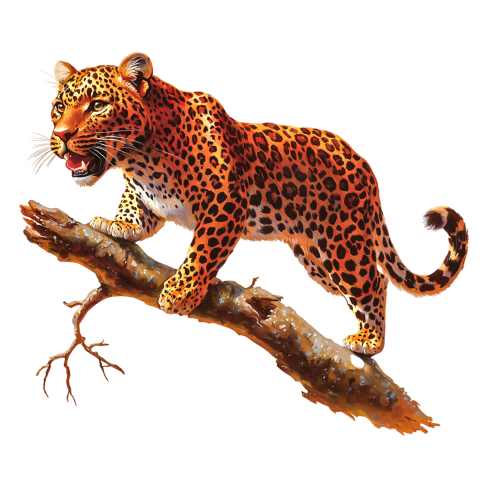 Vibrant Leopard Resting on Tree Branch in Lush Jungle Environment png