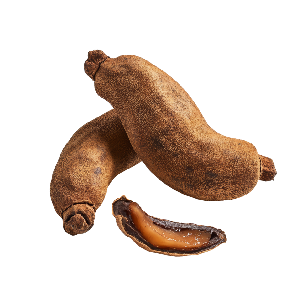 Velvet tamarind fruit pods and seeds displayed against a clean transparent background, Velvet tamarind fruit on transparent background png