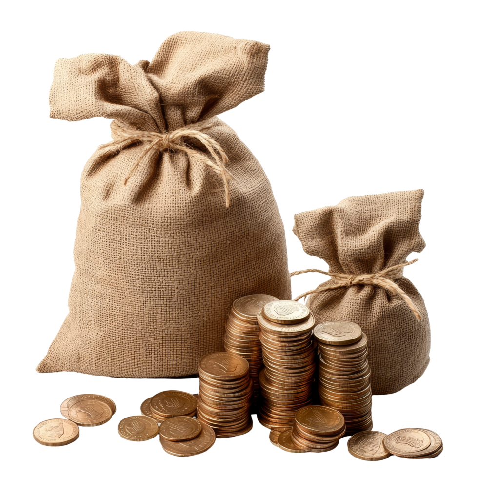 Wealth accumulation with burlap money bags and stacks of coins on a transparent background, Wealth Accumulation Money Bags and Coins on transparent background png