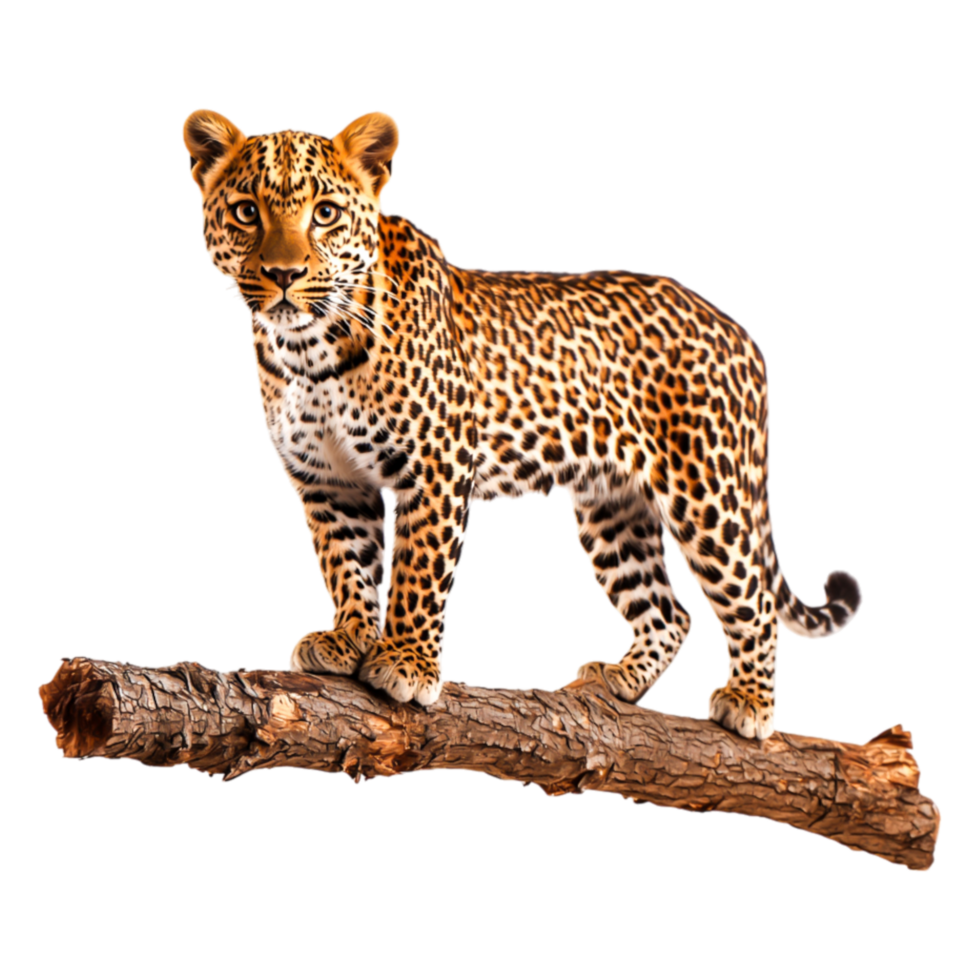 Leopard Standing Proudly on a Log with Vibrant Fur Pattern png