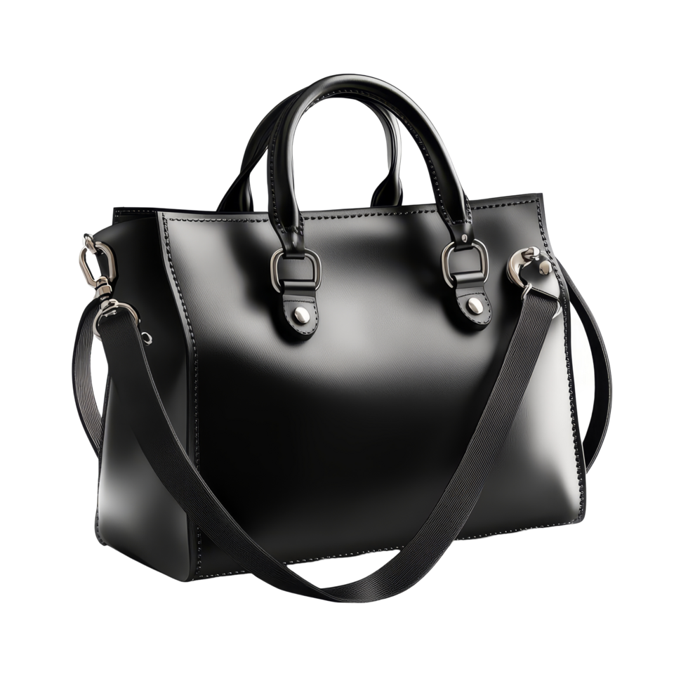 Stylish casual black leather womens bag with a sleek design, ideal for everyday use and versatile, casual black leather women bag, file of isolated object with shadow on transparent background png