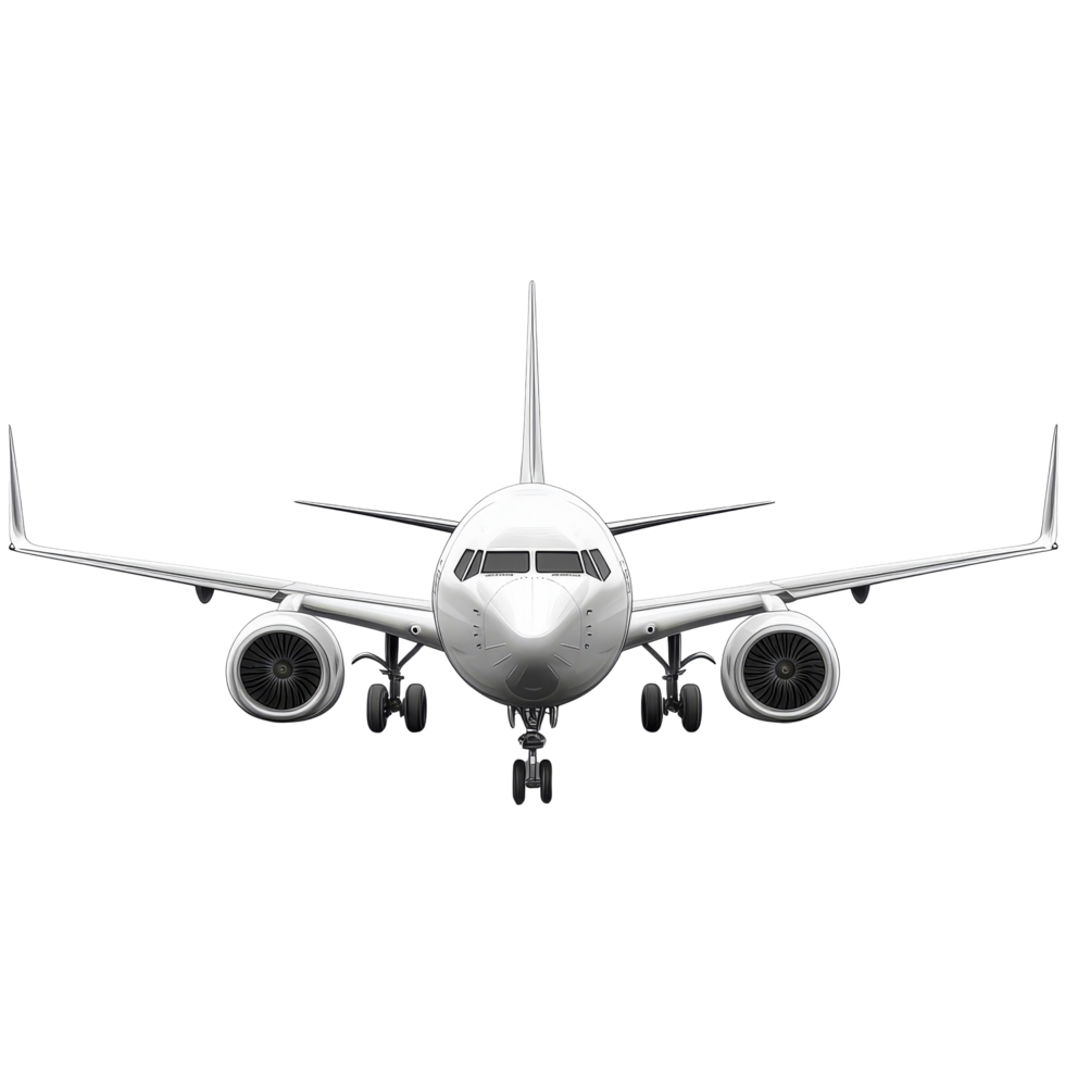 A modern airplane is displayed headon, featuring a clean and sleek design with prominent engines, Airplane isolated Stock Illustration png