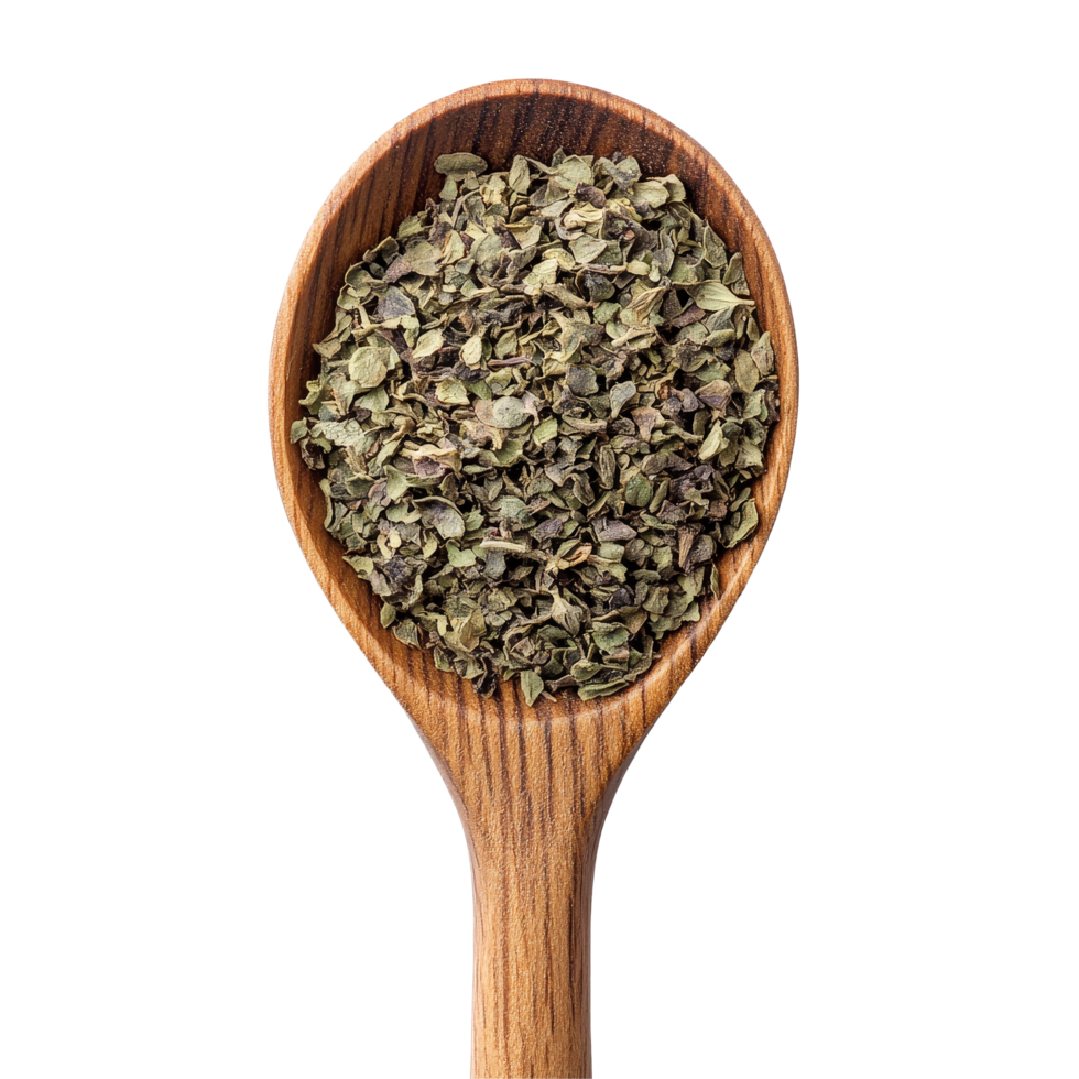 Dried oregano in a wooden spoon resting on a transparent background for culinary use, Dried oregano in wood spoon on transparent background png