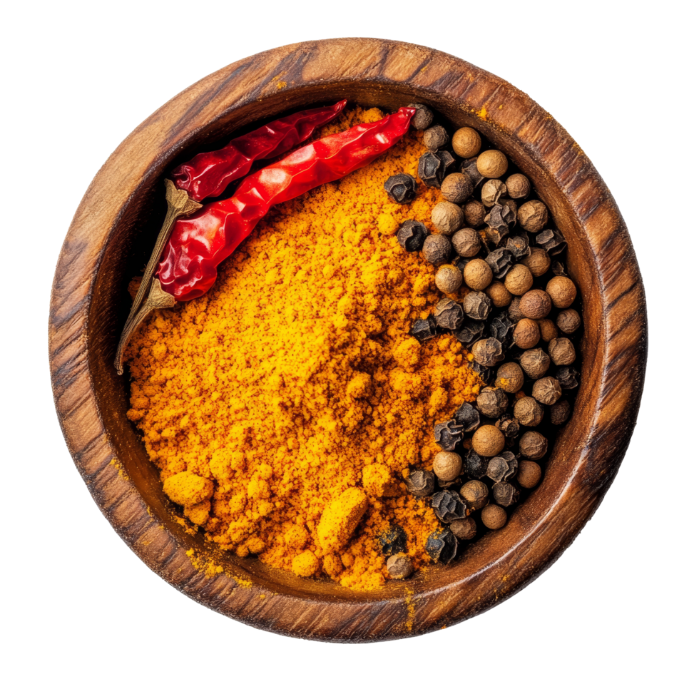 Vibrant crushed red chili pepper, turmeric powder, and peppercorn arranged in a wooden bowl against, Crushed red chili pepper Turmeric powder Peppercorn in wood bowl on transparent background png