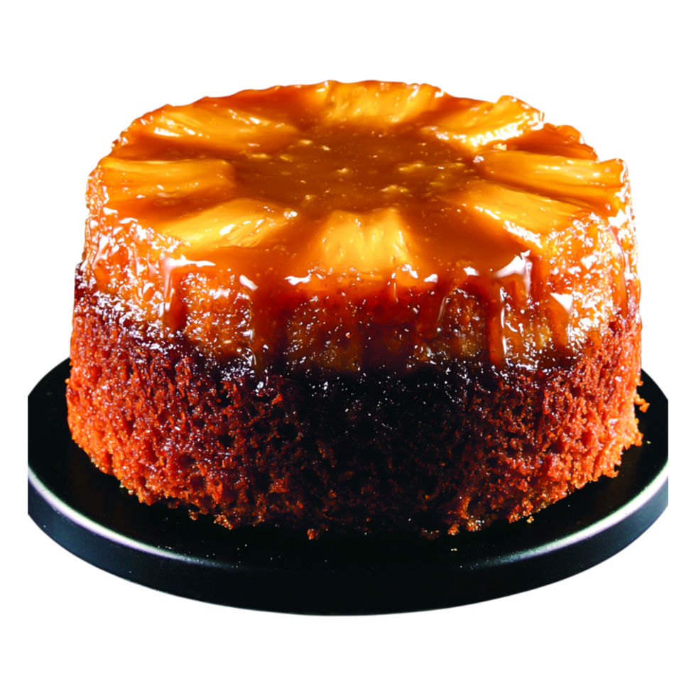 Delicious Pineapple Upside-Down Cake on Black Stand with Glaze png