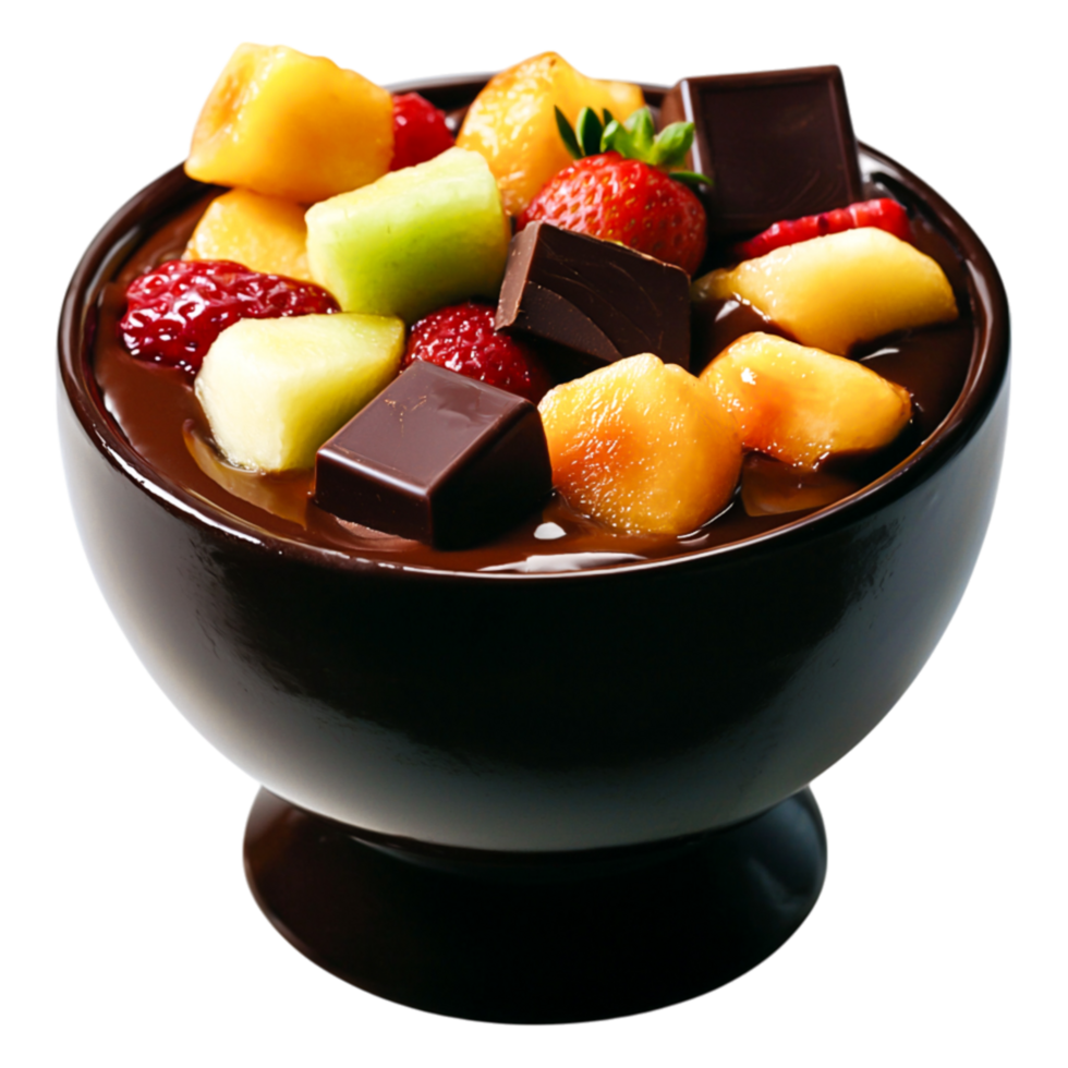 Delicious Chocolate Fondue with Fresh Fruits and Chocolate Pieces png