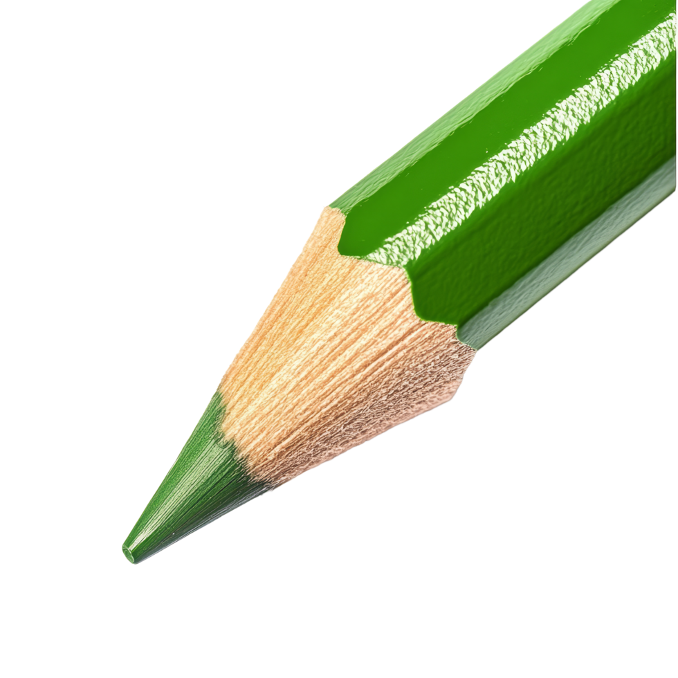 A closeup view of the tip of a green pencil on a transparent background highlighting its sharpness and color, tip of green pencil isolated on transparent background png