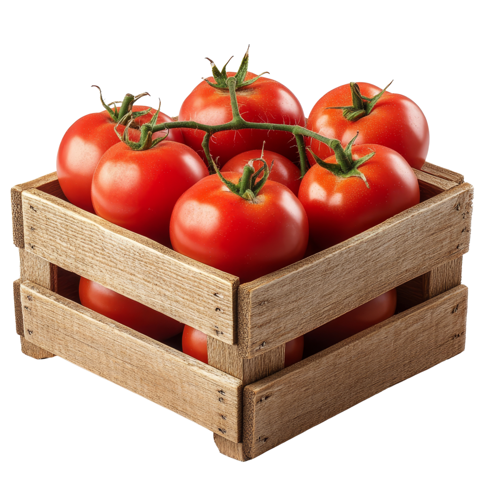 Fresh tomatoes in a rustic wooden box on a clean transparent background ready for culinary use or decoration, wooden box of tomatosisolated on transparent background png