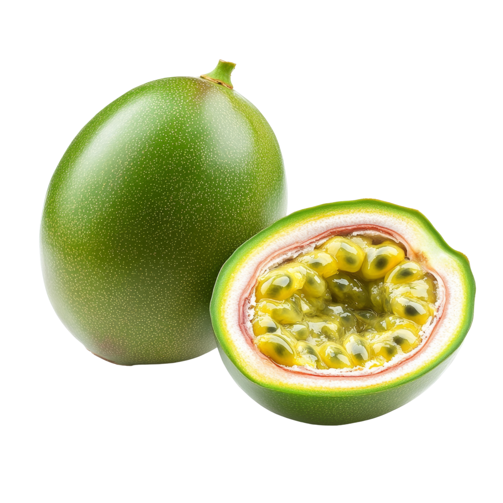 Fresh green passion fruit displayed whole and cut, showcasing vibrant pulp on a transparent background, Green passion fruit isolated on transparent background png