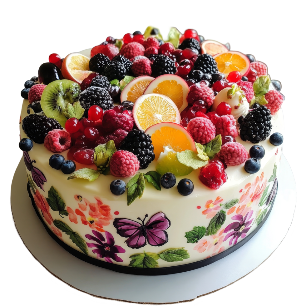 Deliciously decorated cake adorned with fruits and cookies on a vibrant table in bright daylight, cake decorated with fruits and cookies png