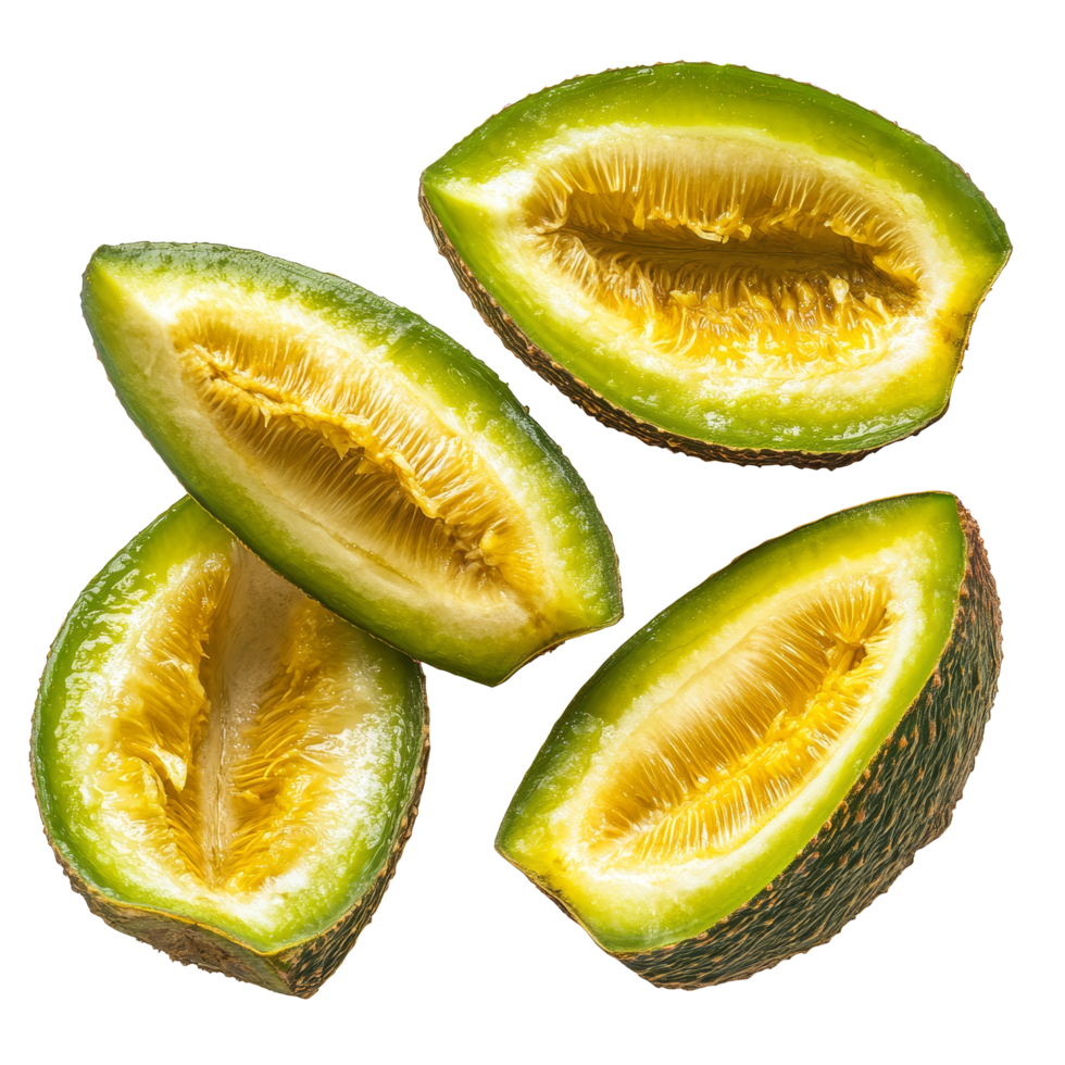Freshly sliced young jackfruits arranged on a transparent background showcasing their vibrant green color and texture, young jack fruits slice on transparent background png