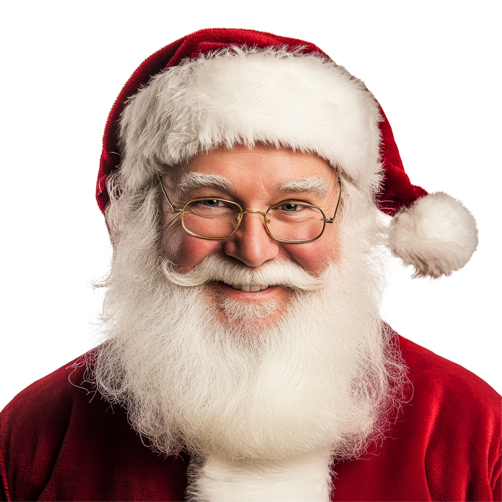 Santa Claus smiling joyfully against a clean transparent background, capturing the spirit of Christmas and festive cheer, red santa claus hat isolated on a transparent background png