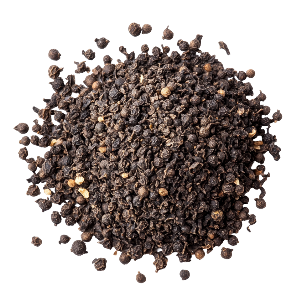 Ground black pepper flakes on a clean transparent background for culinary use and spice application, Ground black pepper flakes isolated on transparent background png