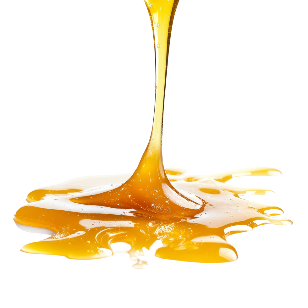 Golden honey spill creating a glossy puddle on a clean transparent background, honey spill isolated on transparent background png