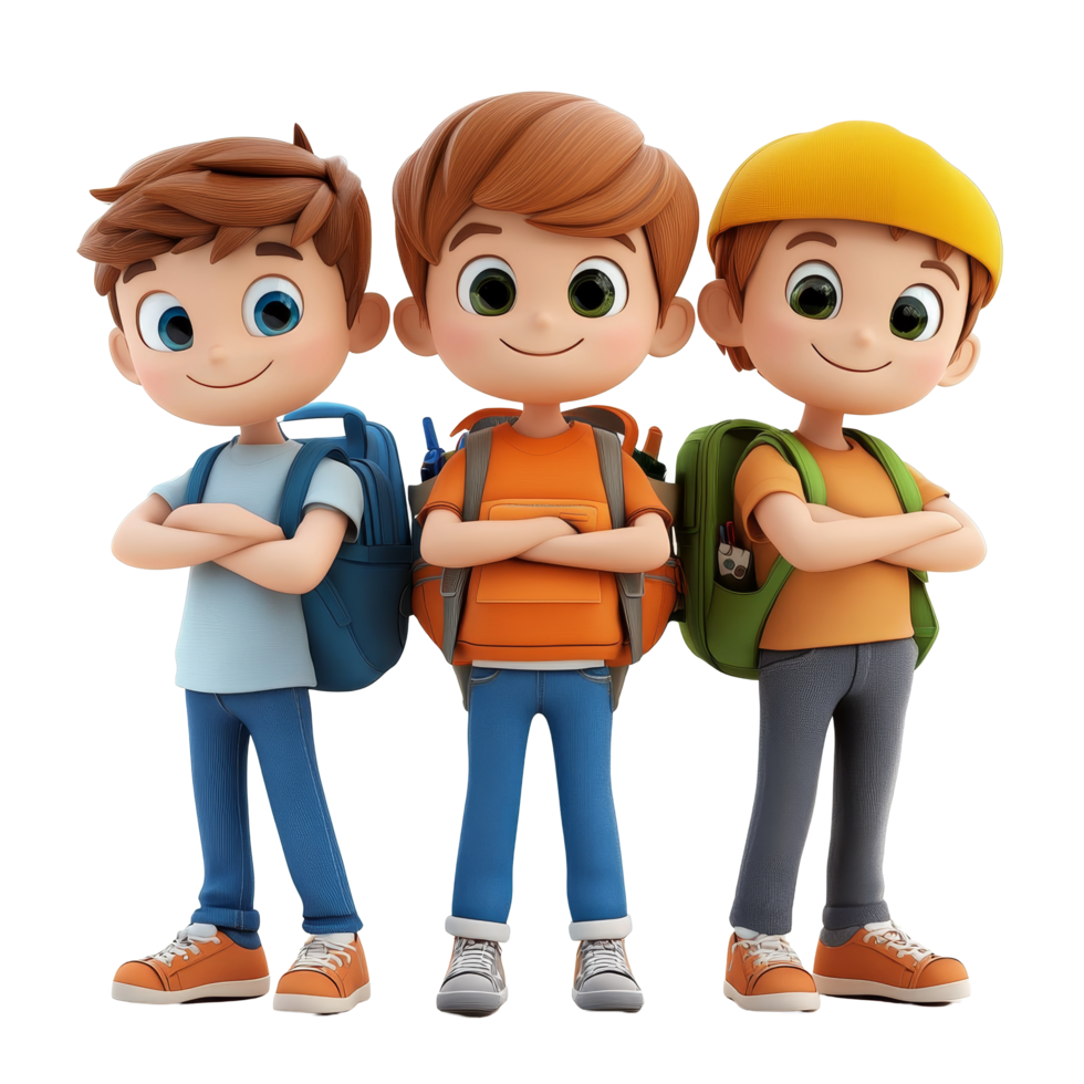 Three cute cartoon student boys with backpacks posing confidently in a bright setting, 3D Cartoon Character Group Cute Student Boys, Isolated transparent background png