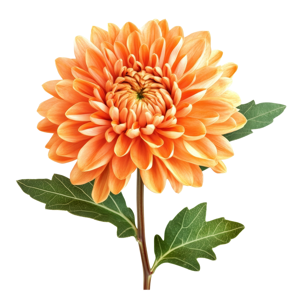Beautiful chrysanthemum flower clipart with vibrant orange petals and green leaves isolated on a transparent background, Chrysanthemum flowers isolated on transparent background cutout png