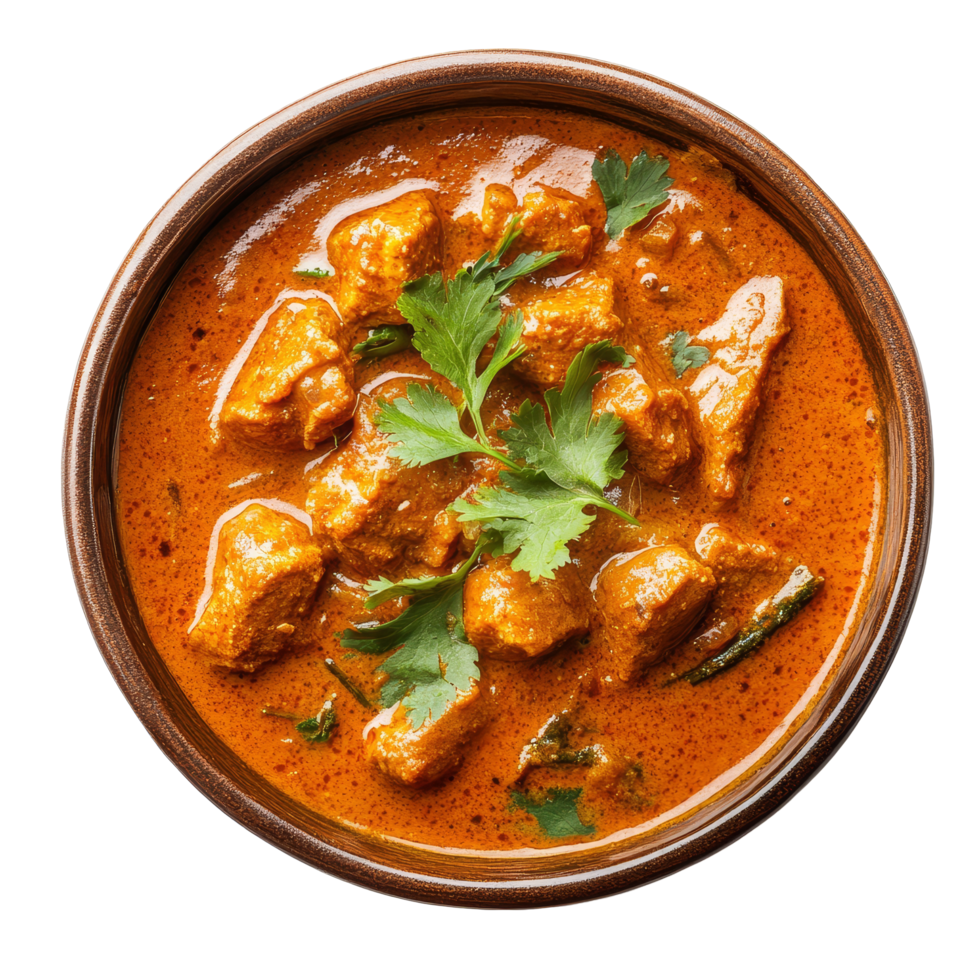 A traditional Indian curry dish served in a brown bowl with fresh cilantro on a transparent background, Traditional Indian Curry Dish on transparent background png