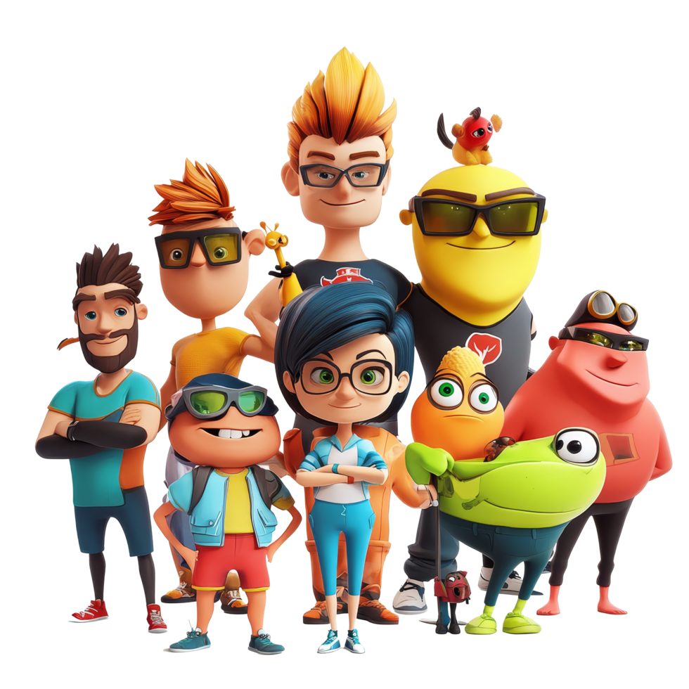 A colorful group of cartoon characters posing together against a transparent background, 3D Cartoon Character Group on transparent background png