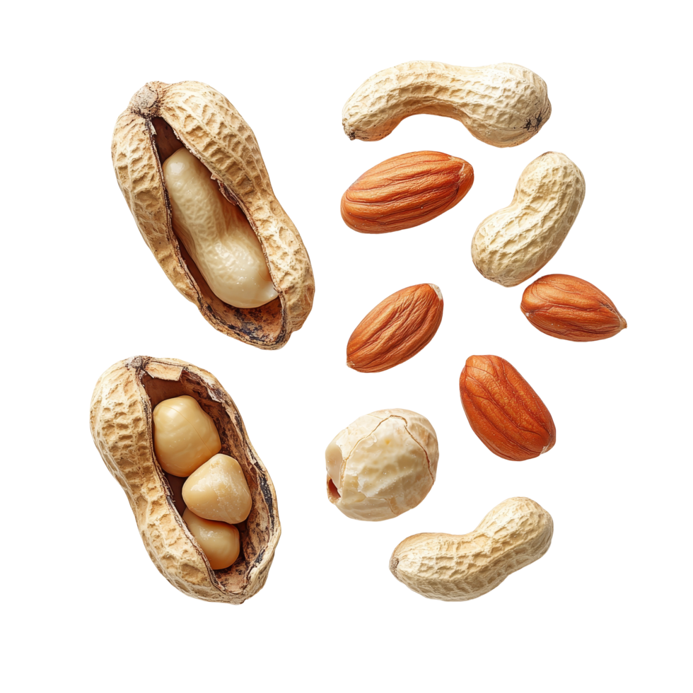 A collection of peeled, unpeeled, and opened shell peanuts arranged artistically on a transparent surface, Group of peeled, unpeeled and opened shell peanuts png