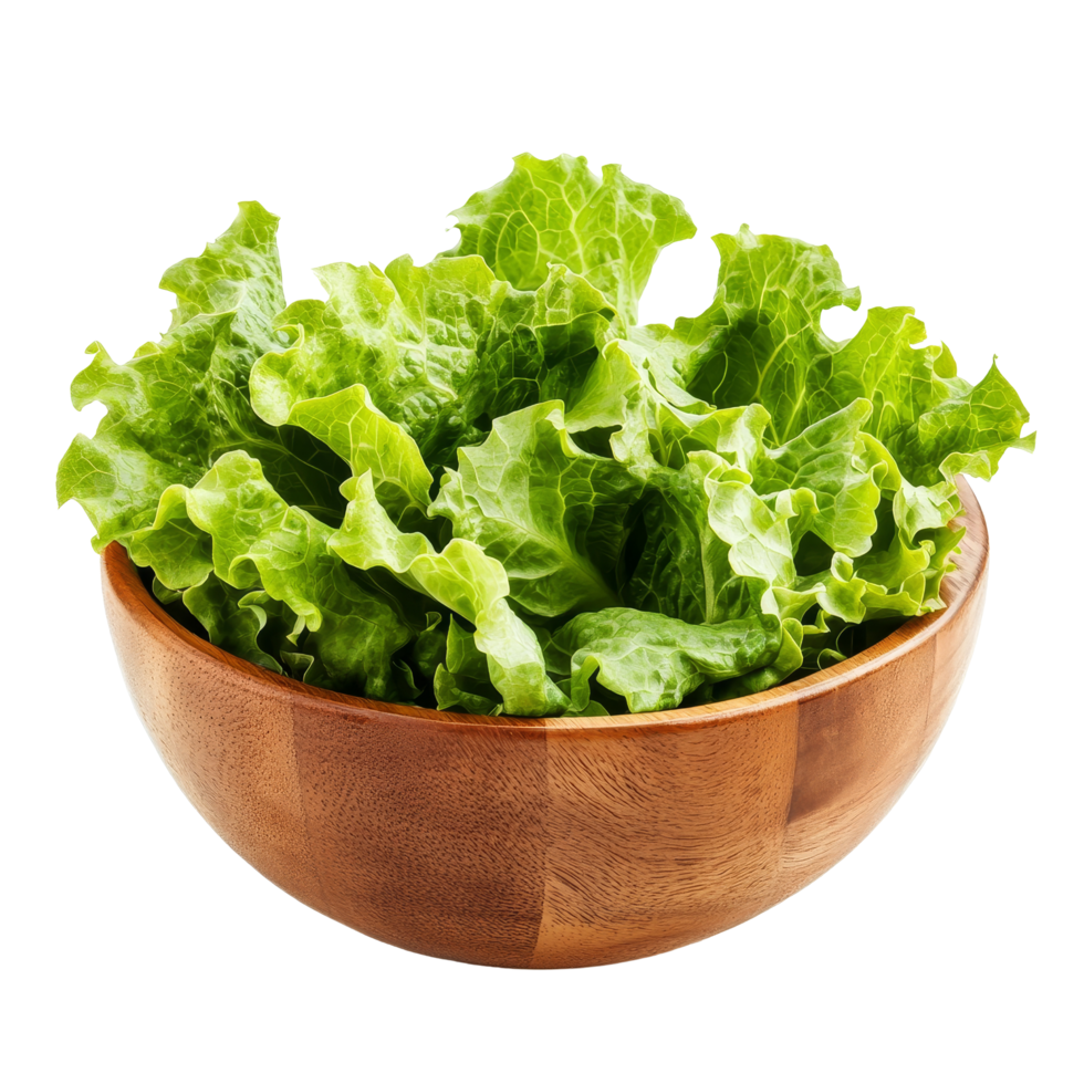 Fresh green lettuce leaves in a wooden bowl on a transparent background for healthy meal preparation, Lettuce leaves in wood bowl isolated on transparent background png